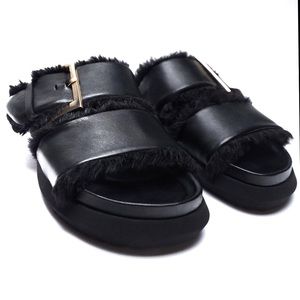 Zara Leather Chunky Sandal w/ Buckle and Faux Fur